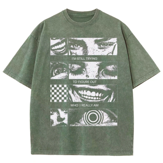 Introspective Face Collage Graphic Washed T-Shirt 