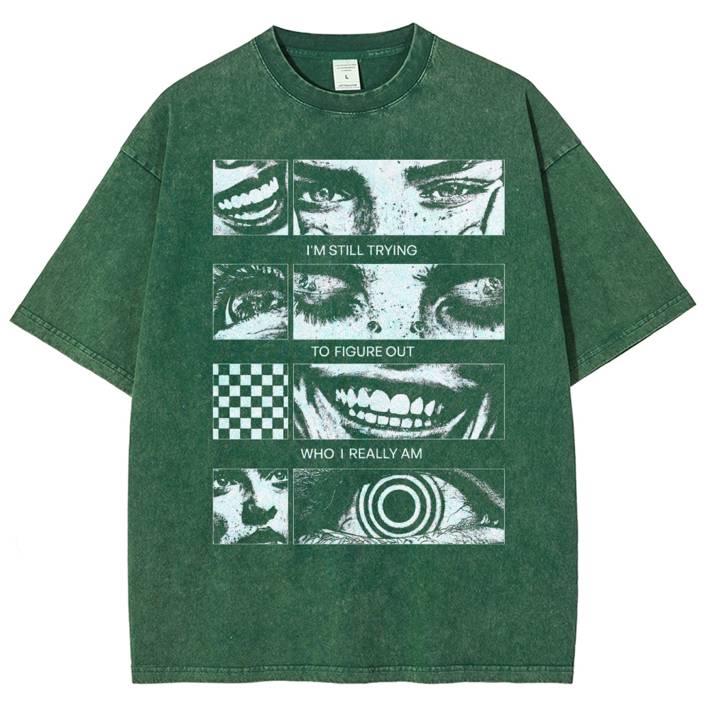 Introspective Face Collage Graphic Washed T-Shirt 
