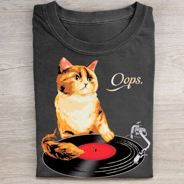 Funny Cat Vinyl Record Washed Tee 