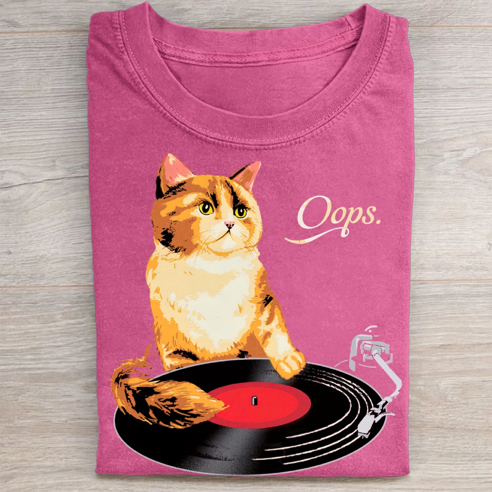 Funny Cat Vinyl Record Washed Tee 