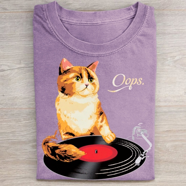 Funny Cat Vinyl Record Washed Tee 