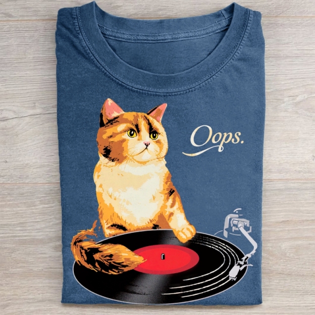 Funny Cat Vinyl Record Washed Tee 
