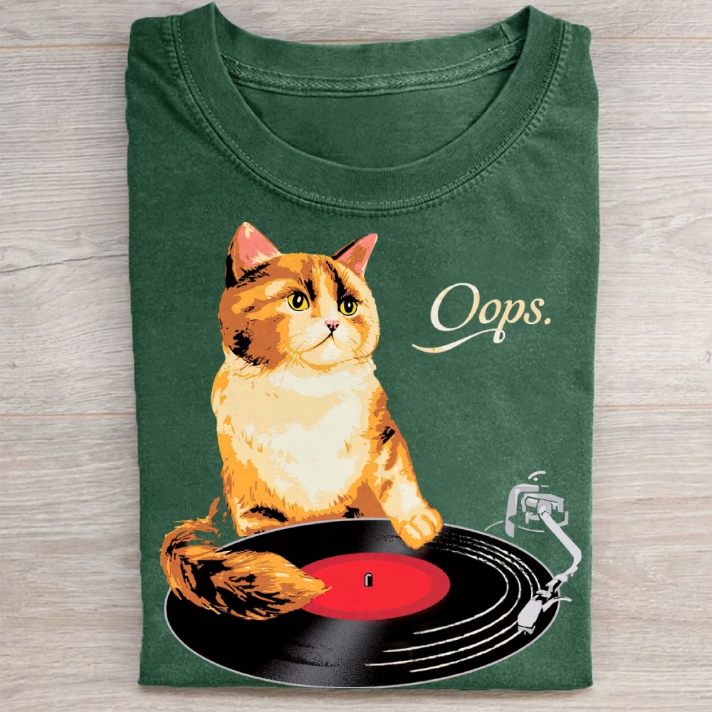 Funny Cat Vinyl Record Washed Tee 