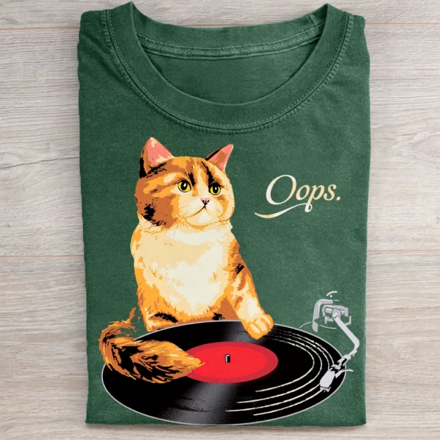 Funny Cat Vinyl Record Washed Tee 