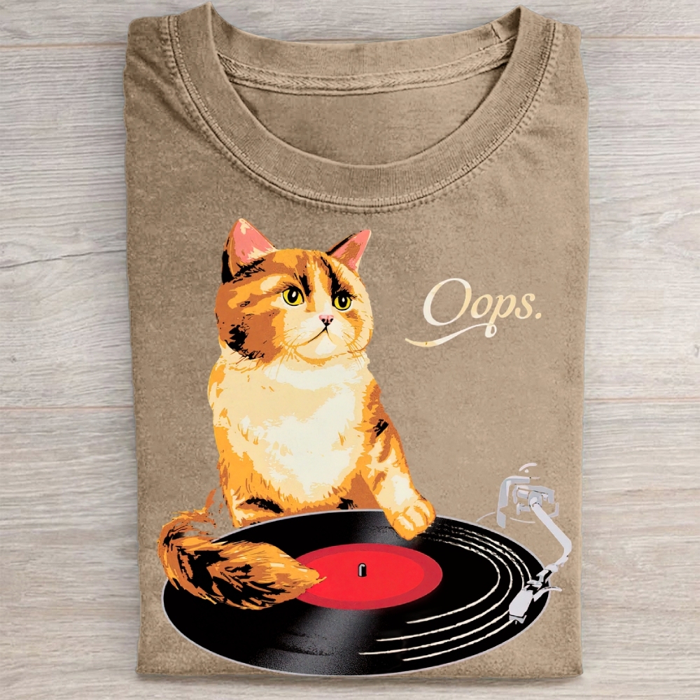 Funny Cat Vinyl Record Washed Tee 