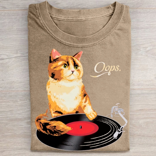 Funny Cat Vinyl Record Washed Tee 
