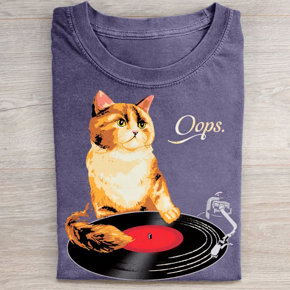 Funny Cat Vinyl Record Washed Tee 