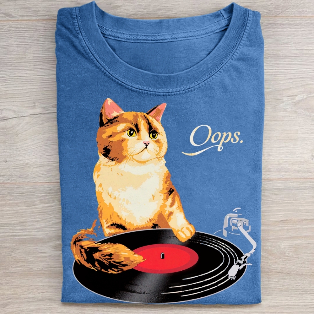 Funny Cat Vinyl Record Washed Tee 
