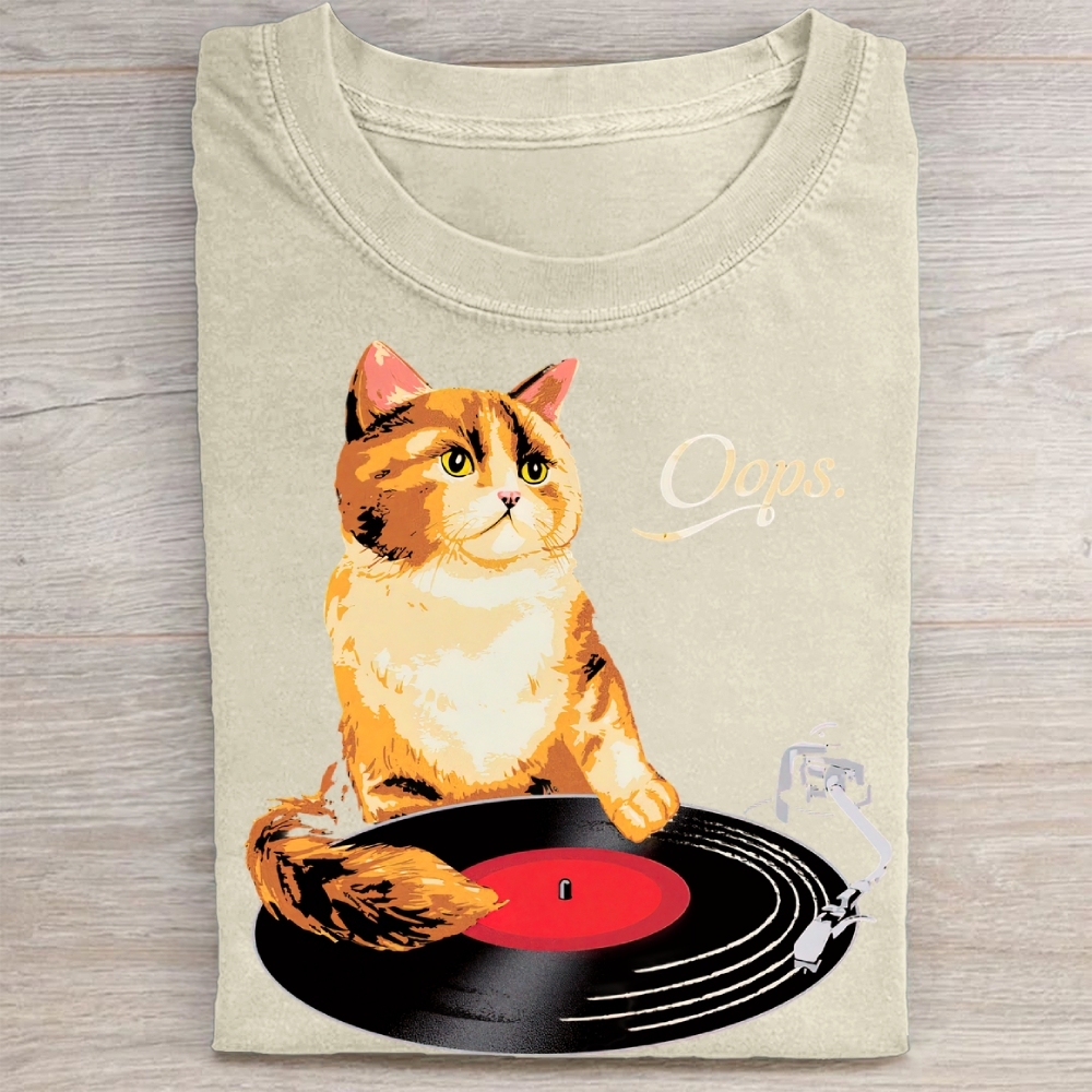 Funny Cat Vinyl Record Washed Tee