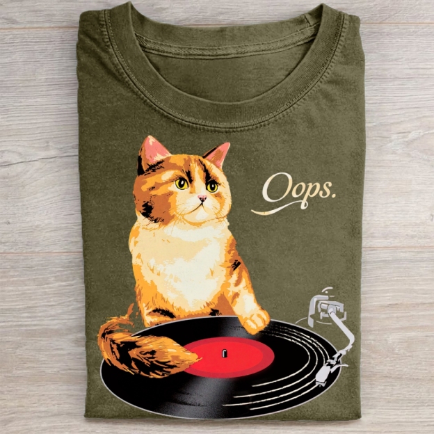 Funny Cat Vinyl Record Washed Tee 