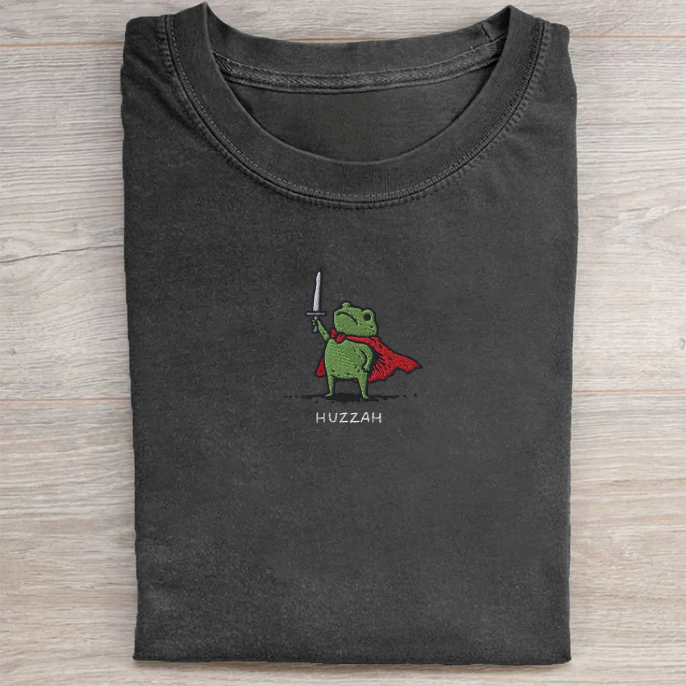Huzzah Frog with Sword Embroidered Washed Tee