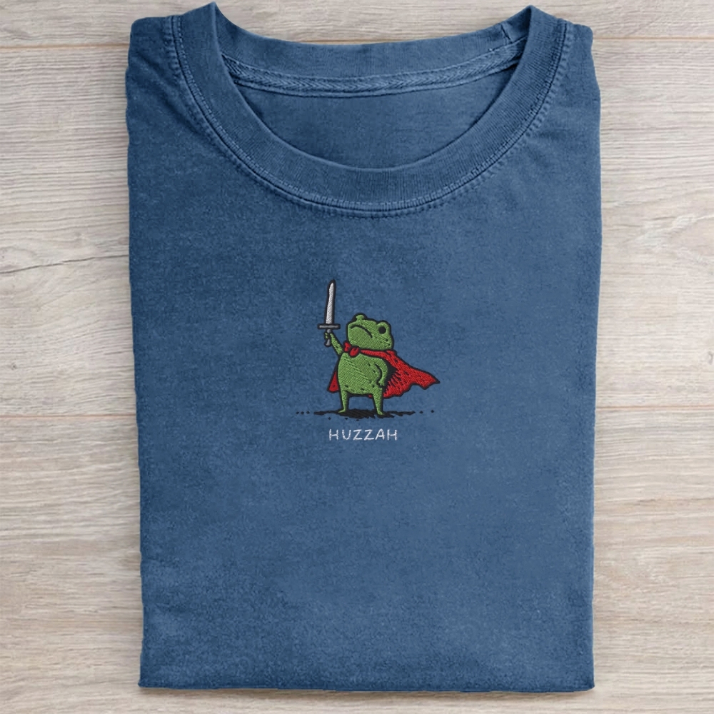 Huzzah Frog with Sword Embroidered Washed Tee