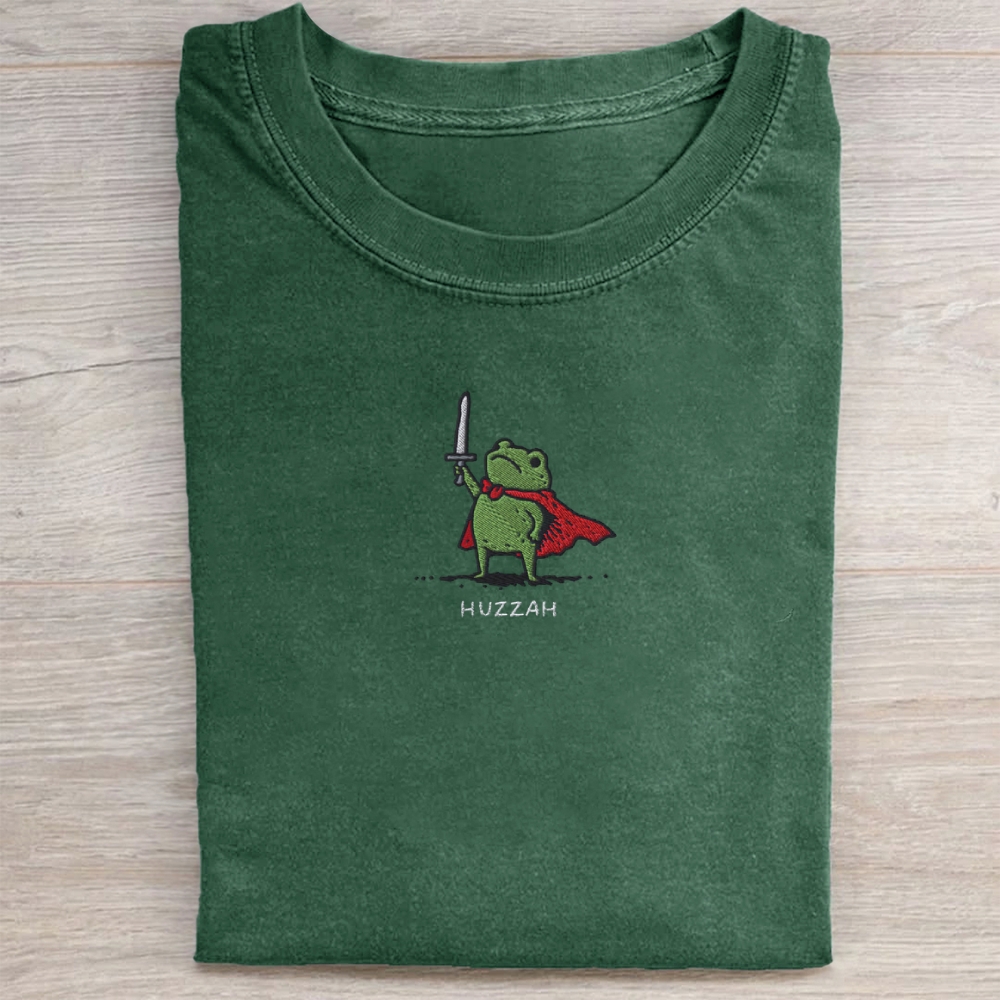 Huzzah Frog with Sword Embroidered Washed Tee