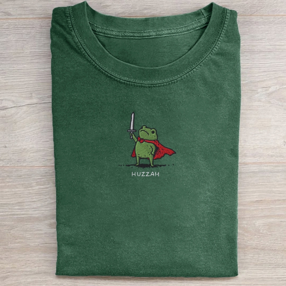 Huzzah Frog with Sword Embroidered Washed Tee