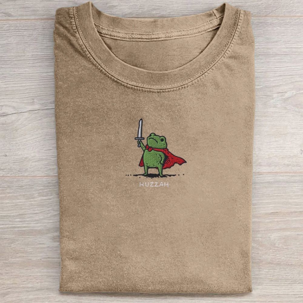 Huzzah Frog with Sword Embroidered Washed Tee
