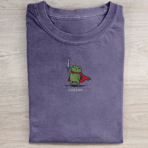 Huzzah Frog with Sword Embroidered Washed Tee