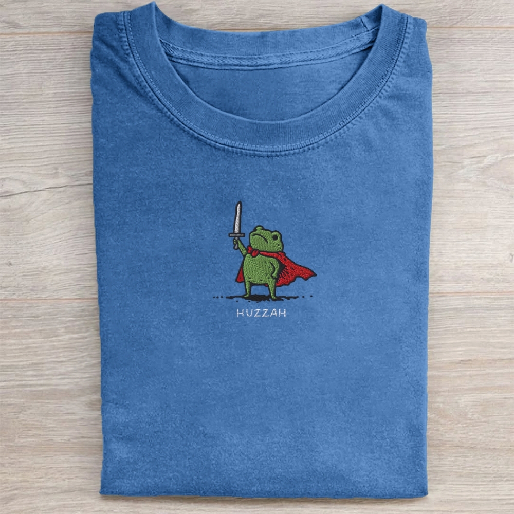 Huzzah Frog with Sword Embroidered Washed Tee