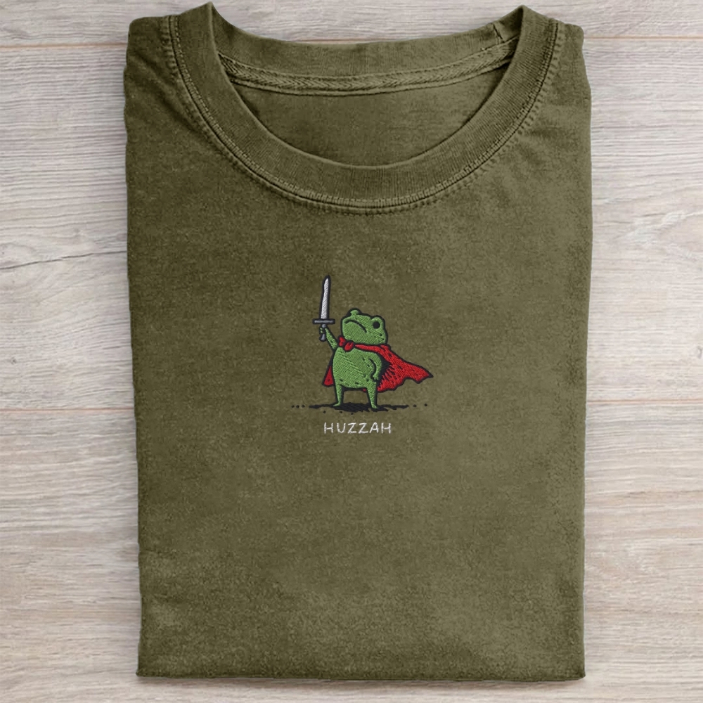Huzzah Frog with Sword Embroidered Washed Tee