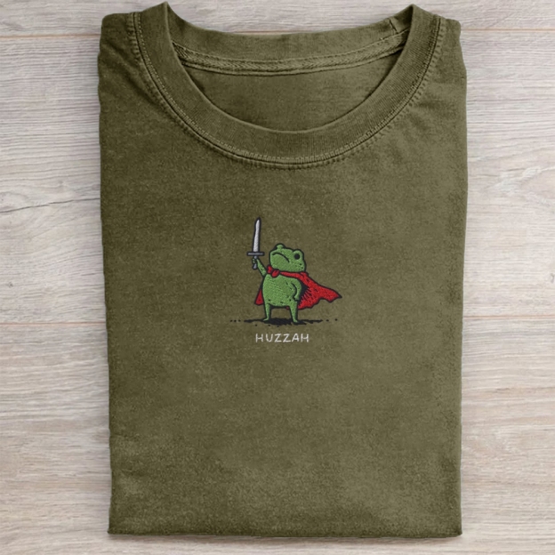 Huzzah Frog with Sword Embroidered Washed Tee