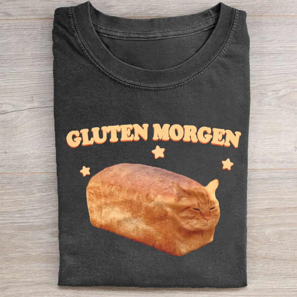 Gluten Wordplay  Funny Cat Bread Graphic Washed Tee 