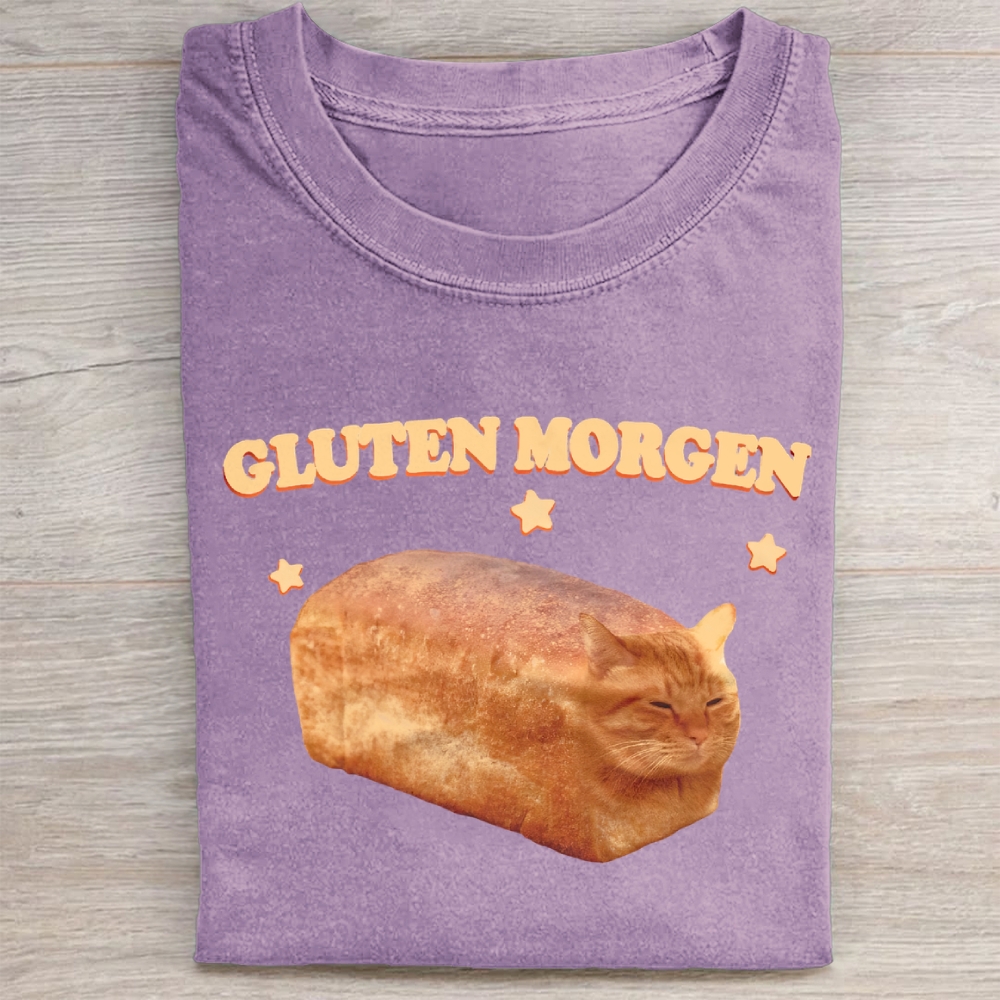 Gluten Wordplay  Funny Cat Bread Graphic Washed Tee 