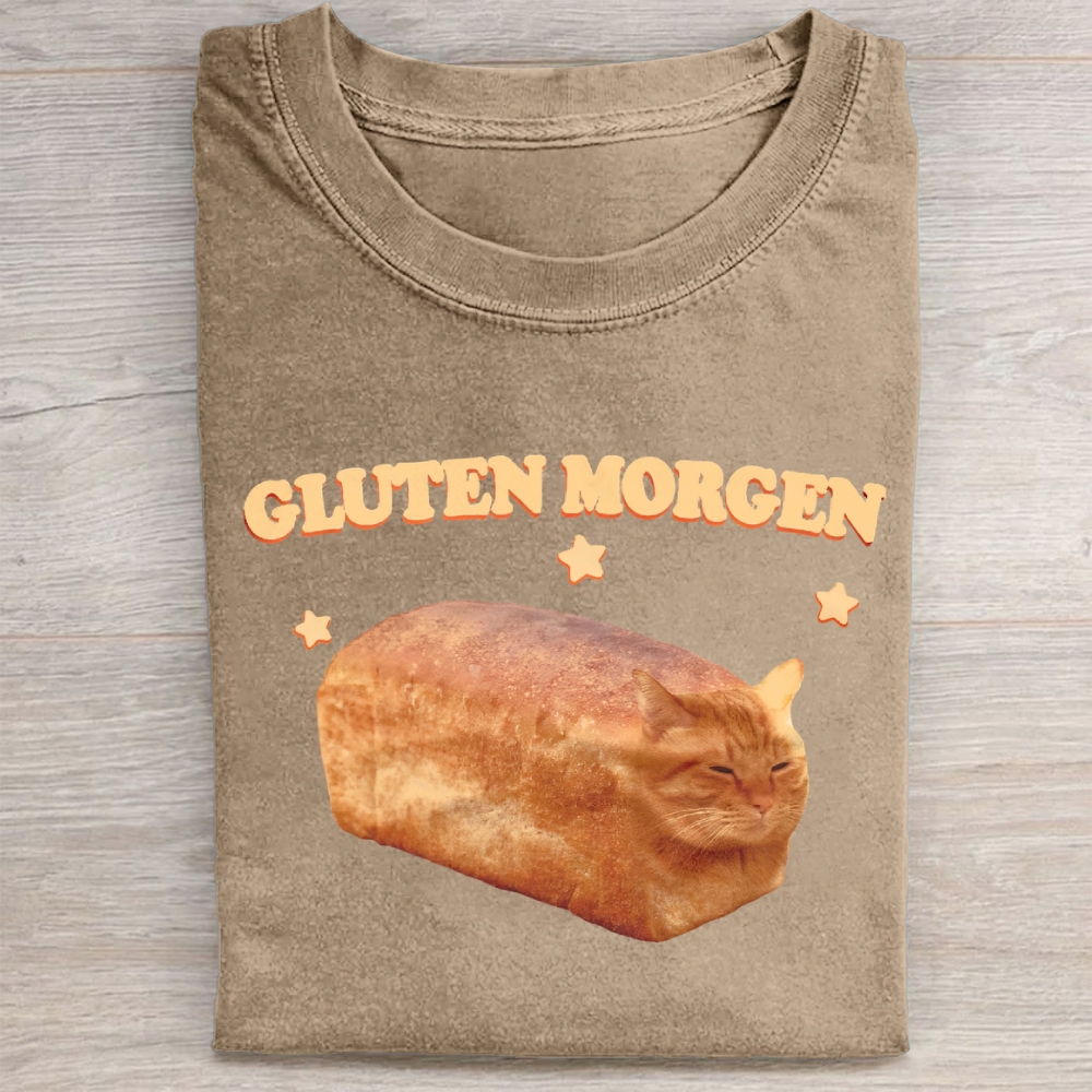 Gluten Wordplay  Funny Cat Bread Graphic Washed Tee 