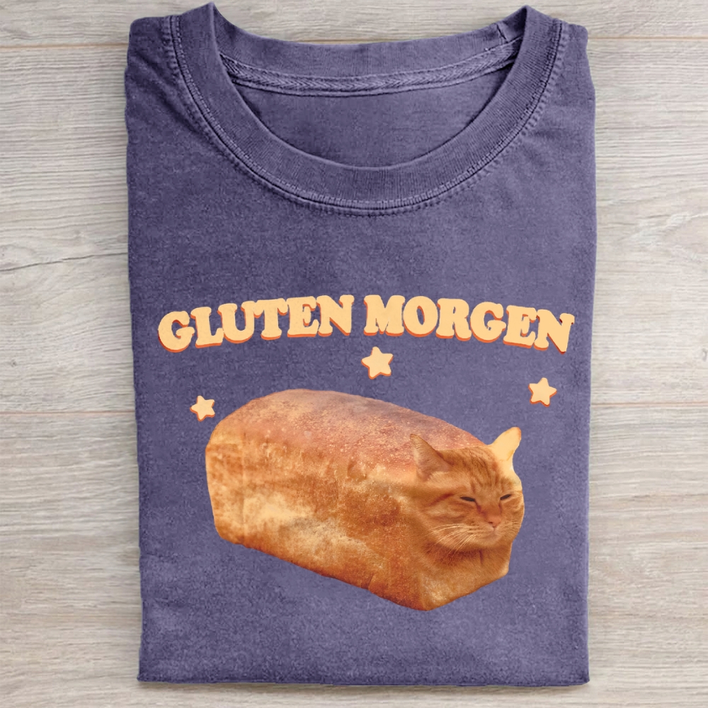 Gluten Wordplay  Funny Cat Bread Graphic Washed Tee 
