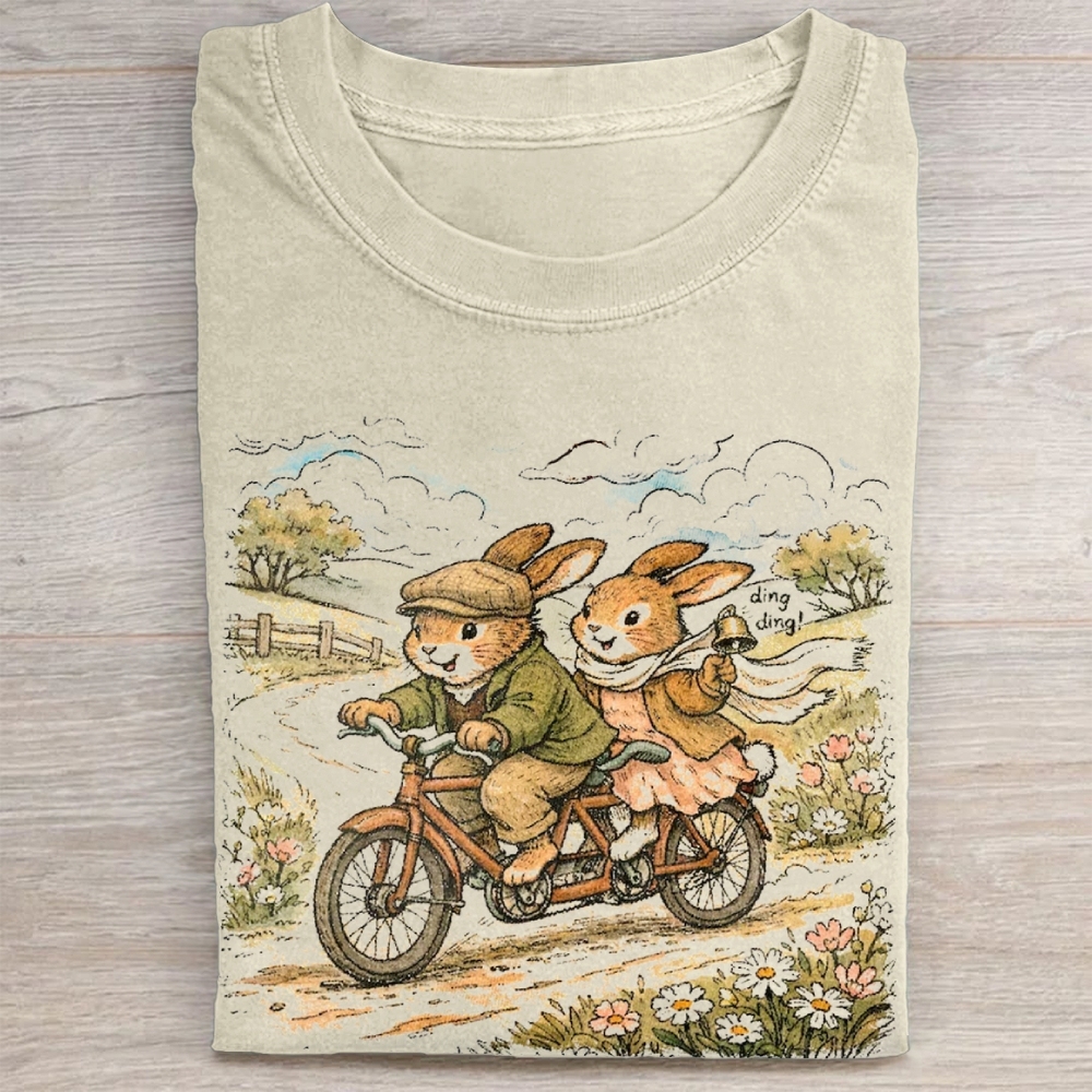 "Vintage Bunny Bike Ride" Whimsical Vintage Washed Tee