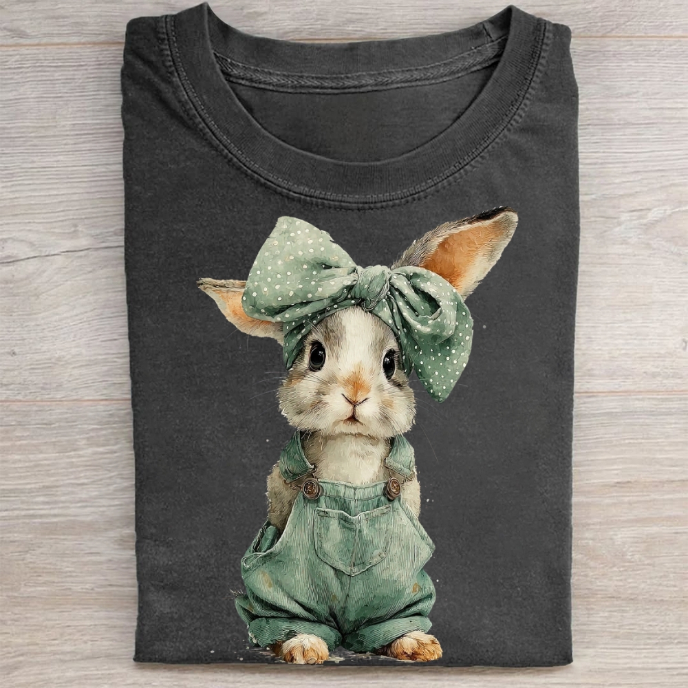 "Overalls Bunny" Cute Farm Vintage Washed Tee 