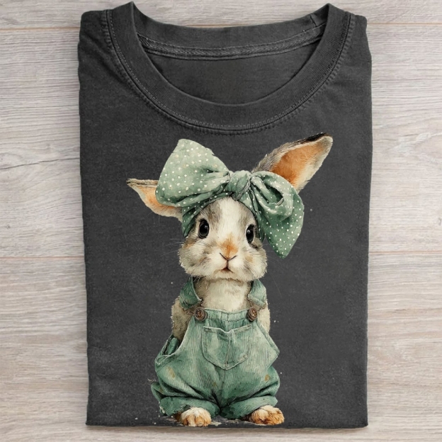 "Overalls Bunny" Cute Farm Vintage Washed Tee 