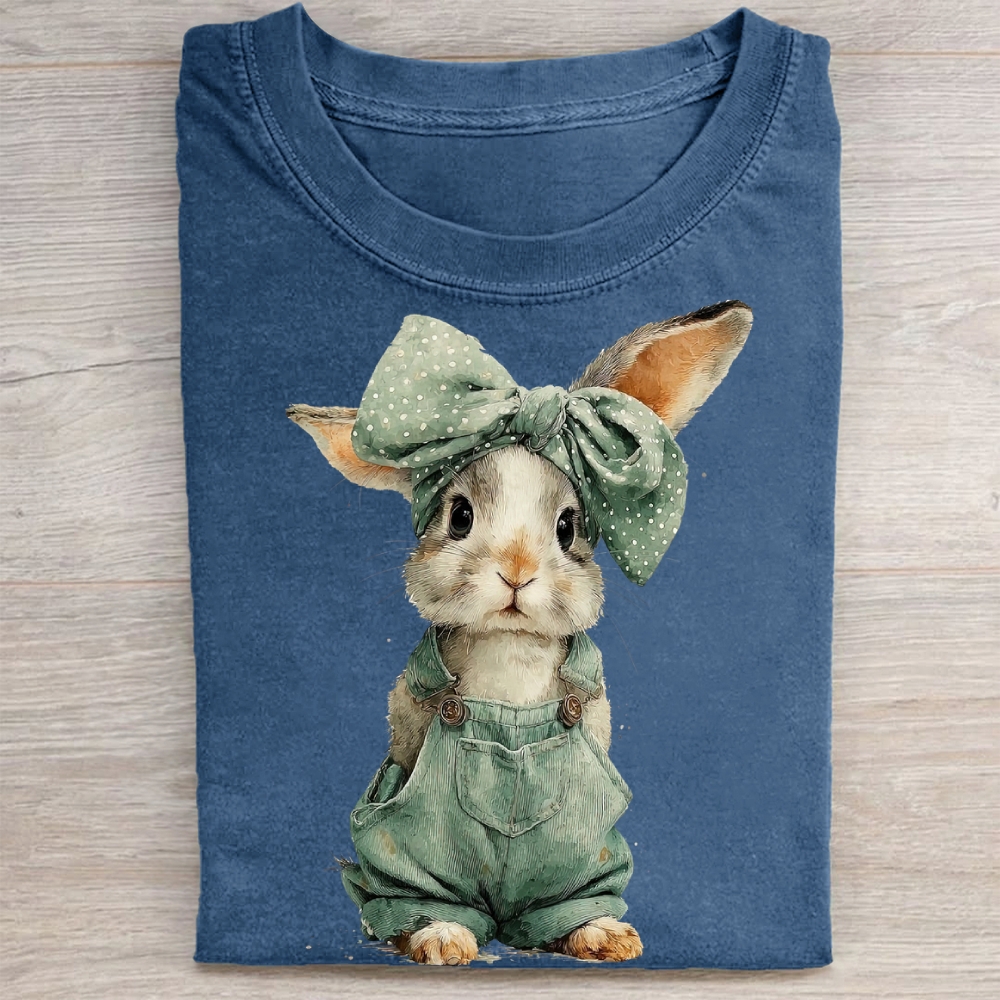 "Overalls Bunny" Cute Farm Vintage Washed Tee 