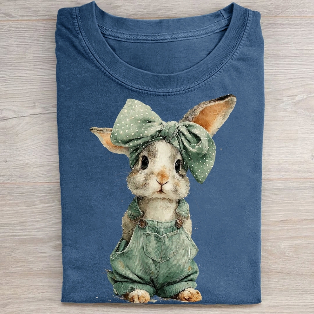 "Overalls Bunny" Cute Farm Vintage Washed Tee 
