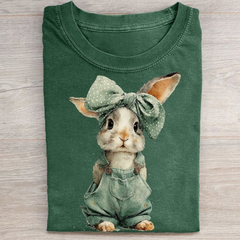 "Overalls Bunny" Cute Farm Vintage Washed Tee 