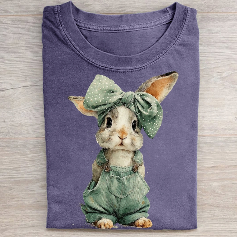 "Overalls Bunny" Cute Farm Vintage Washed Tee 