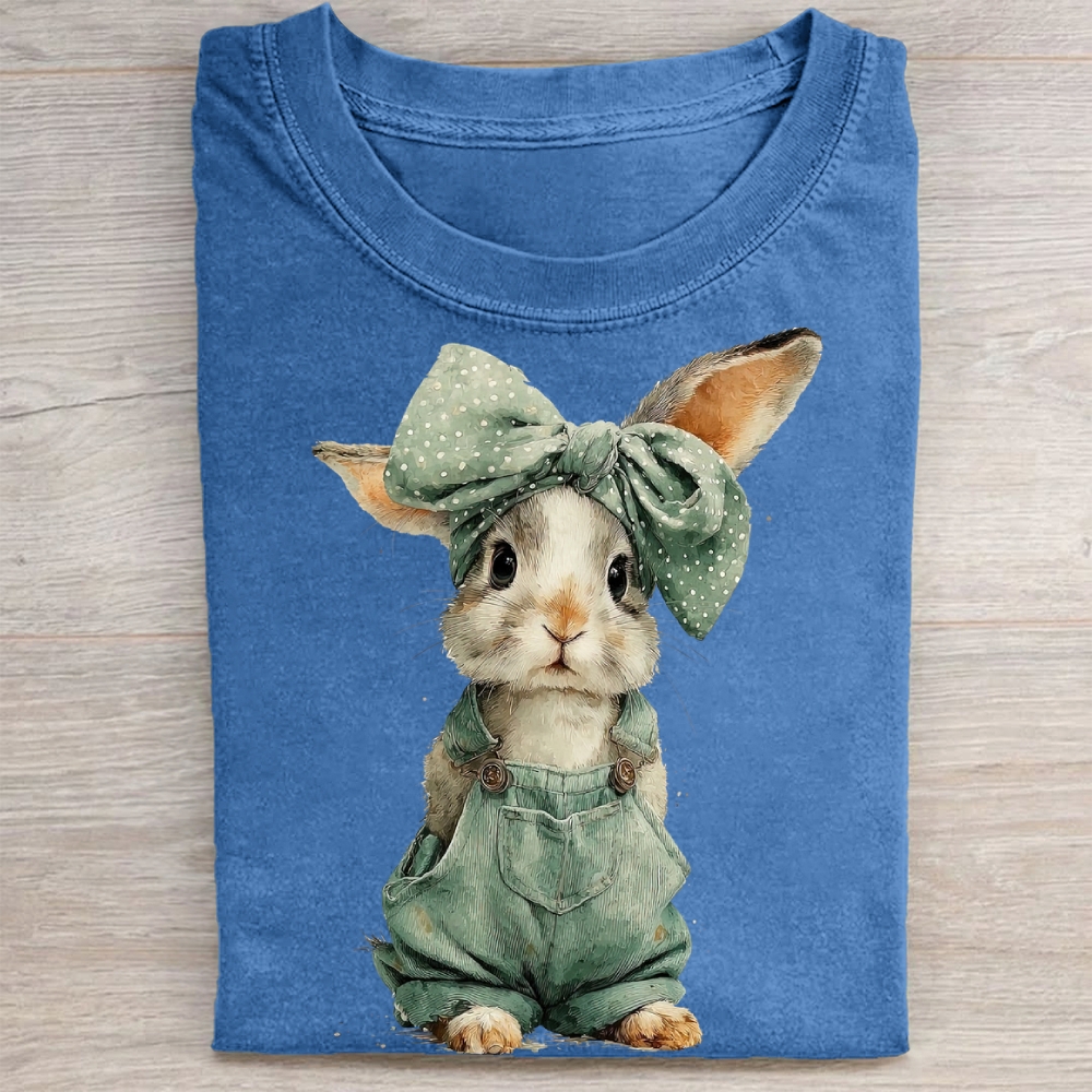 "Overalls Bunny" Cute Farm Vintage Washed Tee 