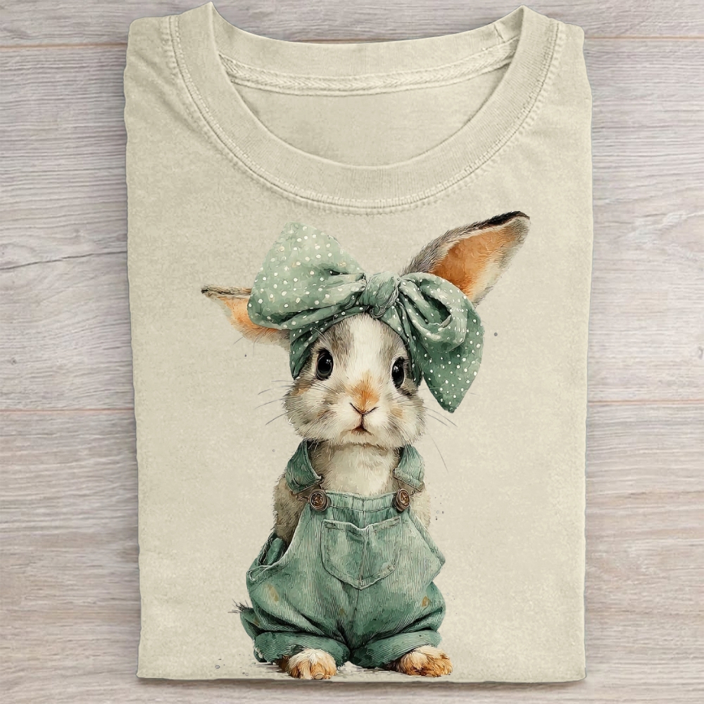 "Overalls Bunny" Cute Farm Vintage Washed Tee 