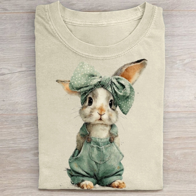 "Overalls Bunny" Cute Farm Vintage Washed Tee 
