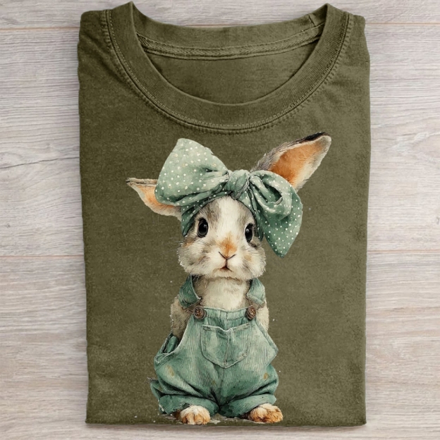 "Overalls Bunny" Cute Farm Vintage Washed Tee 