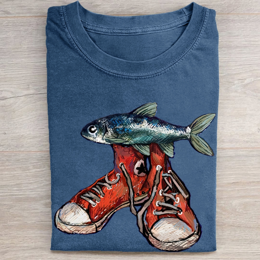 "Fish in Sneakers" Surreal Art Vintage Washed Tee