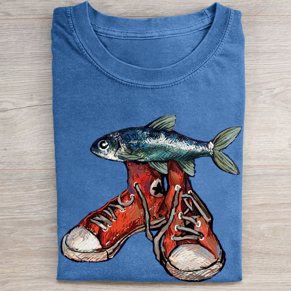 "Fish in Sneakers" Surreal Art Vintage Washed Tee
