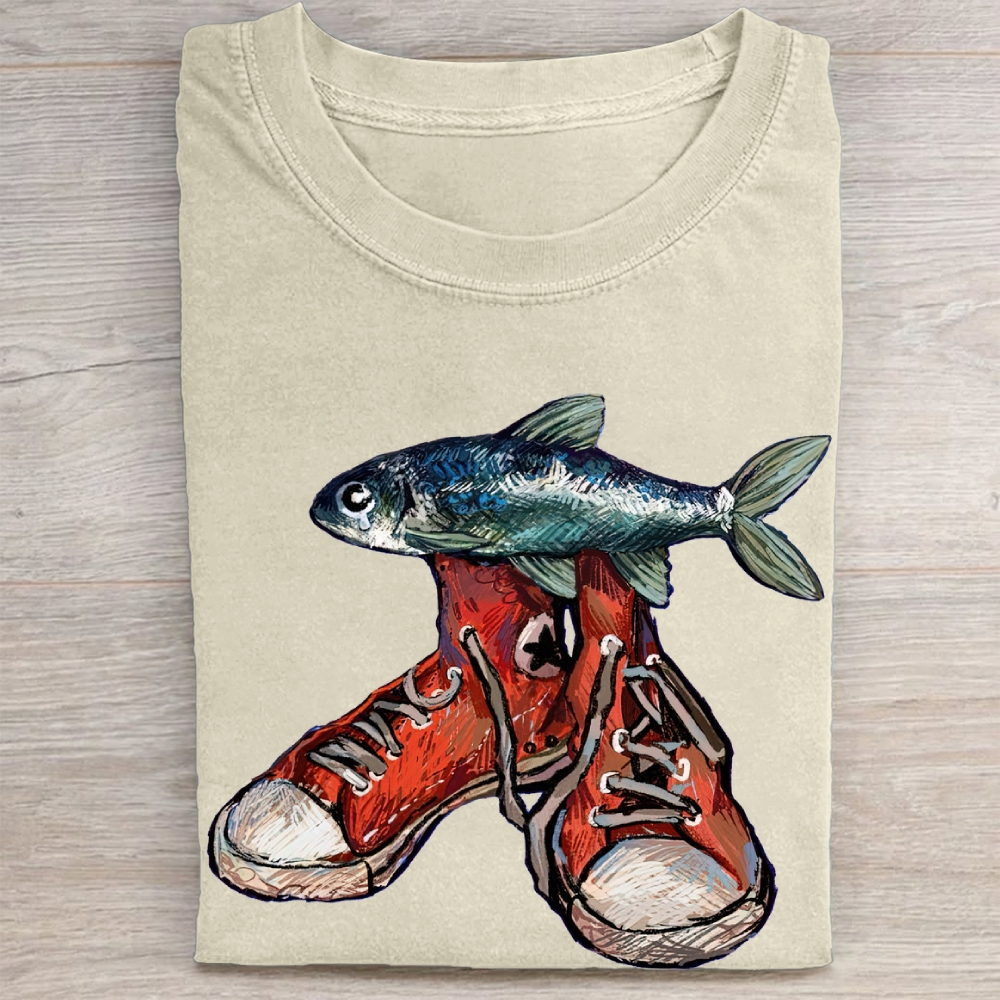 "Fish in Sneakers" Surreal Art Vintage Washed Tee