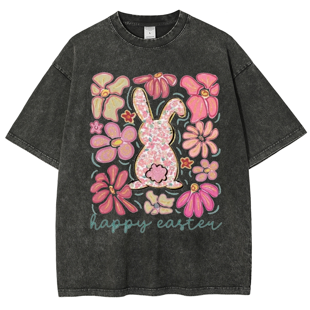 "Floral Bunny Happy Easter"  Washed T-Shirt