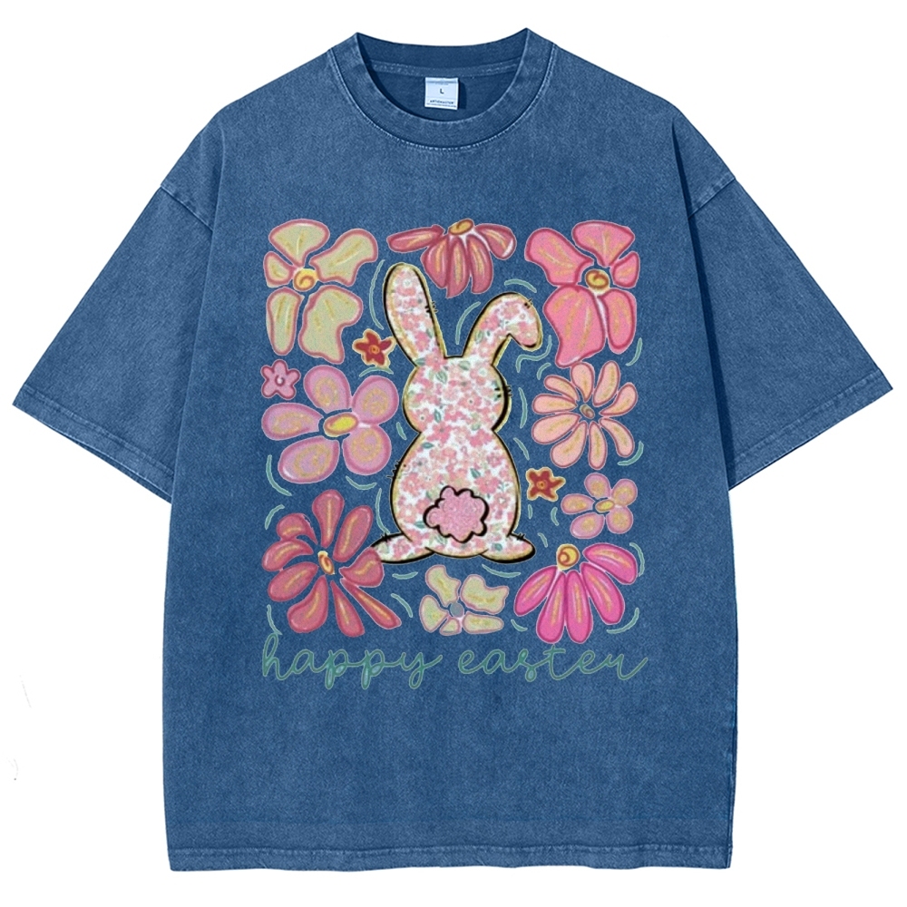 "Floral Bunny Happy Easter"  Washed T-Shirt
