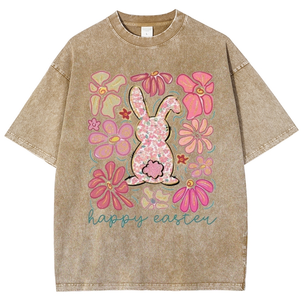 "Floral Bunny Happy Easter"  Washed T-Shirt