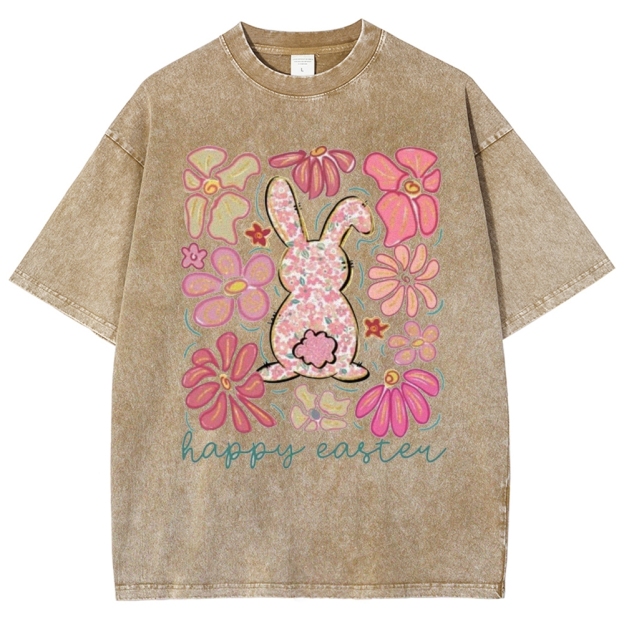 "Floral Bunny Happy Easter"  Washed T-Shirt