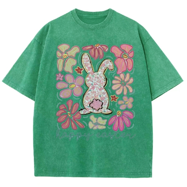 "Floral Bunny Happy Easter"  Washed T-Shirt