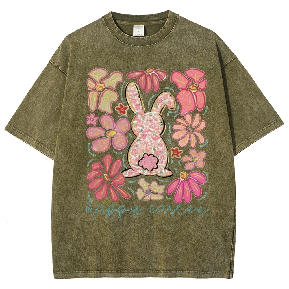 "Floral Bunny Happy Easter"  Washed T-Shirt