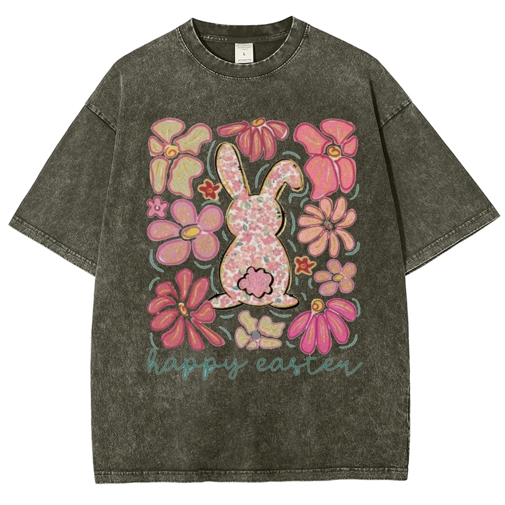 "Floral Bunny Happy Easter"  Washed T-Shirt