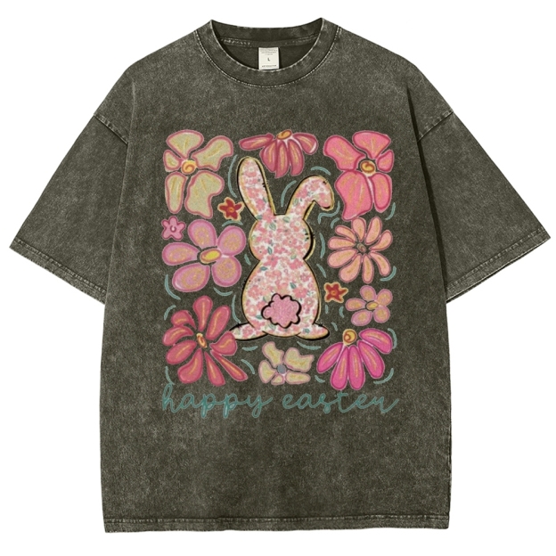 "Floral Bunny Happy Easter"  Washed T-Shirt