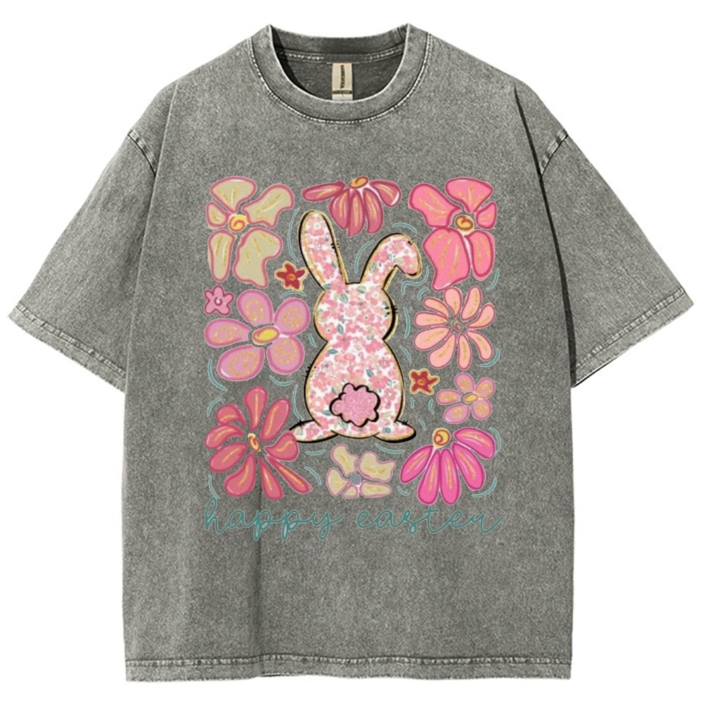 "Floral Bunny Happy Easter"  Washed T-Shirt